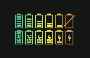 Colorful battery icon set on dark background showing charging, full, medium, low, and empty power levels. Perfect for energy, electricity, mobile apps, renewable power, and electronic device UI design