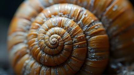 Detailed macro view of a ribbed orange snail shell with a perfect logarithmic spiral.