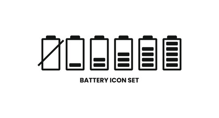 Vector battery icon set displaying different charge levels from empty to full. Perfect for UI. Set of battery icons showing power status from empty, low, and full. Ideal for interface design
