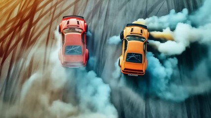 Two sports cars drifting on a track. Useful for car magazines, advertising and motorsport related events.
