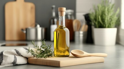 Olive oil bottle, fresh rosemary, and wooden spoon on a kitchen counter