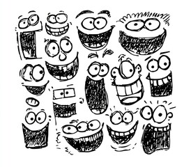 Collection of whimsical, hand-drawn cartoon faces with exaggerated expressions
