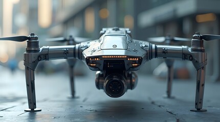 Futuristic metallic surveillance drone with a camera lens and glowing orange lights.