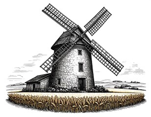 Stone windmill in field, detailed ink drawing