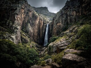 Dramatic waterfall cascade in rugged mountains nature photography wilderness adventure overcast sky serene landscape