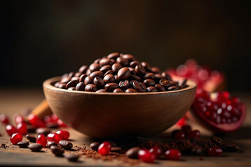 Moody dark still life photography with natural aphrodisiac elements including raw cacao beans, crushed cinnamon, pomegranate seeds in wooden bowl, illuminated by warm golden side lighting and deep sha