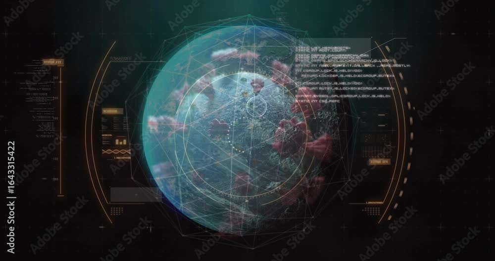 Aufkleber upon rotating globe spawning red clusters while scanning reticles mapping outbreak for monitoring