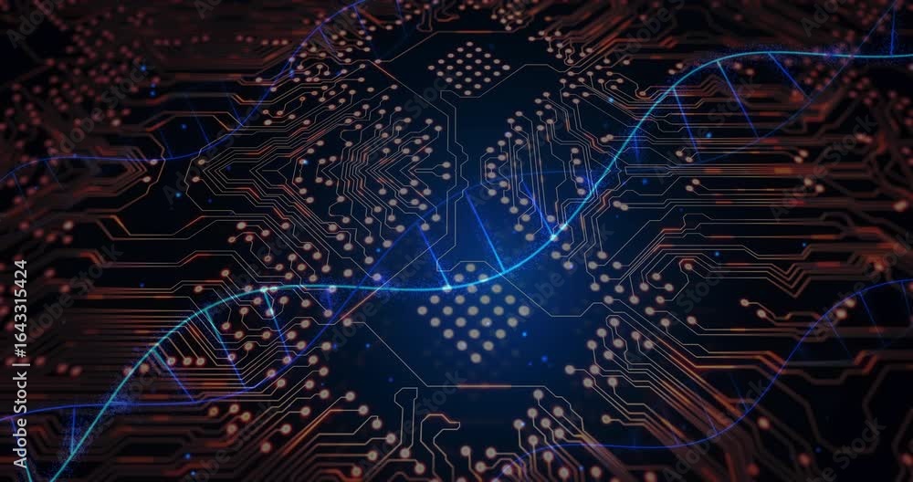 Poster blue energy waveform appearing shifting rightward across pcb traces pulsing nodes showing data flow
