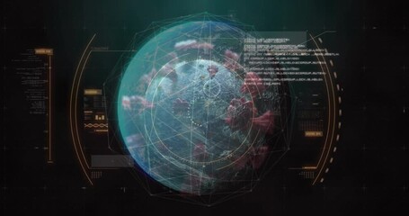 Upon rotating globe spawning red clusters while scanning reticles mapping outbreak for monitoring - Powered by Adobe