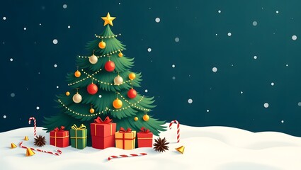 A decorated Christmas tree surrounded by colorful presents on a snowy background.ilustrtaion