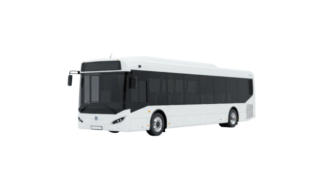 A sleek, contemporary white passenger bus with aerodynamic lines, isolated on a vast, stark white infinite plane, evoking a clean studio aesthetic, concept of future urban mobility