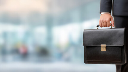 Hand of businessman holding a briefcase on blurred office background