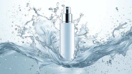 Elegant cosmetic spray bottle surrounded by splashes of water, showcasing freshness and purity, ideal for beauty product advertisements and marketing campaigns