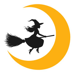 Halloween Flying Witch and Full Moon Vector Illustration