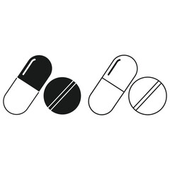Black and white outline and solid icons of a capsule and a pill medicine health