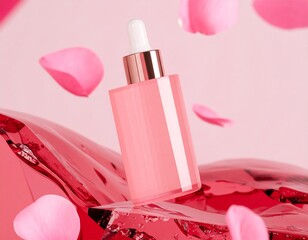 Pink Cosmetic Serum Bottle with Dropper and Rose Petals on Glossy Background