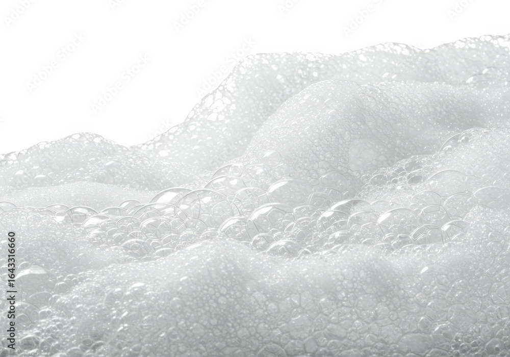 Poster closeup of white foam with many small bubbles, creating a textured surface isolated on transparent b