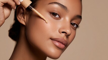 Skincare routine with a beauty serum being applied on a glowing face in a neutral-toned setting
