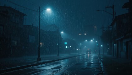 Rainy dark city street at night with blurry car
