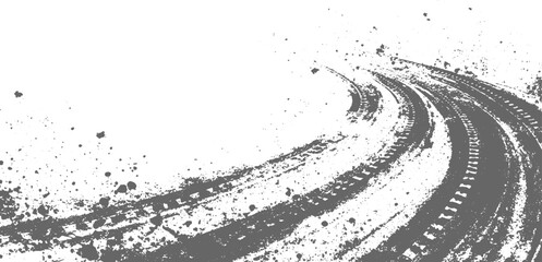 Tire tracks, wheel braking marks. Truck, car or motorcycle tread pattern silhouettes. Grunge tire track wheel braking marks. Grunge tire track, wheel braking marks. Truck, car or motorcycle tread