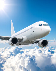 Obraz premium Airplane flying above clouds on sunny day