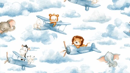 Animals flying in planes among clouds