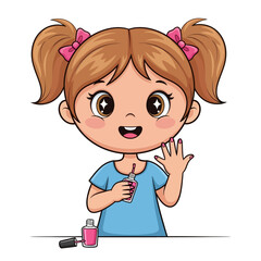 Cartoon girl with pigtails smiles while painting her fingernails pink, with an open bottle of nail polish on the surface.