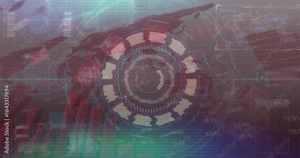 Poster deep red digital map starting data scan as central circular hud rotating glitching visualizing data