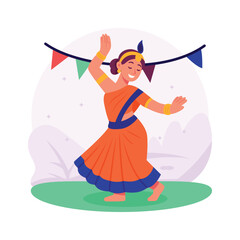 A vibrant illustration of a woman performing a traditional Indian dance,
