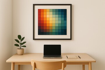 Fototapeta premium Minimalist Office Corner with Square Mosaic Art Frame Modern Interior Design Workspace