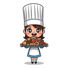 Cartoon female chef holding a tray full of freshly baked cookies, including one decorated with a red heart.