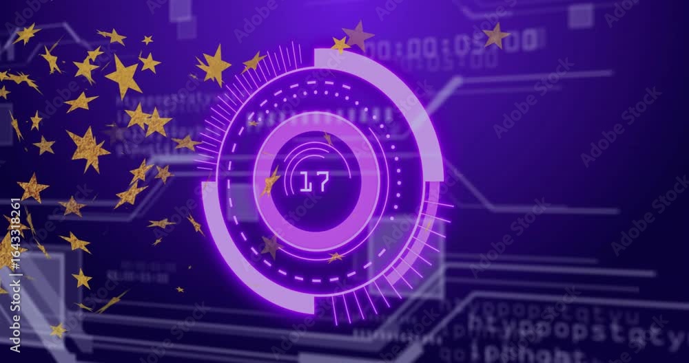 Poster digital interface fading into view, meter jumping values, stars and code pulsing tracking metrics