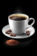 Fototapeta premium White coffee cup with steaming dark coffee, coffee beans, and cocoa powder