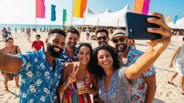 Group of Friends Taking a Selfie at a Beach Festival