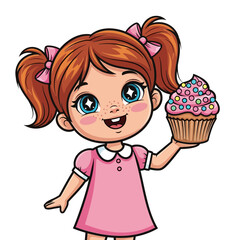 A cartoon girl with pigtails happily holding a frosted cupcake.