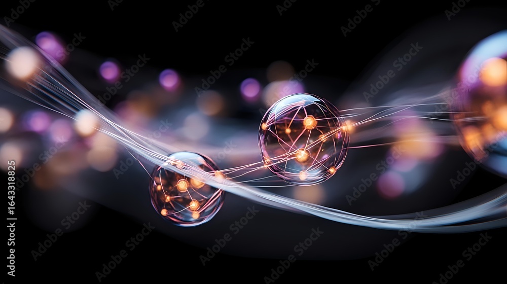 Poster glowing spheres with light trails on dark background, abstract energy waves and luminous orbs creati