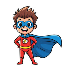 Cartoon illustration of a smiling boy dressed as a superhero with a blue mask and cape, standing confidently.