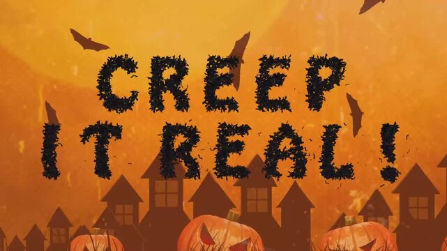 Halloween Title Card: 'Creep It Real!' with Orange Sky, Houses, and Bats