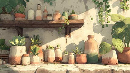 Obraz premium Rustic wooden shelf display of plants and containers.