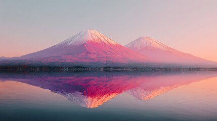 Fototapeta premium Two majestic mountains reflected in a calm lake at dawn.