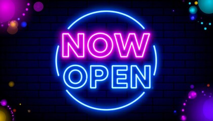 Neon sign, now open, on dark brick background