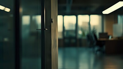 Modern office interior with glass doors and blurred background in dark teal tones, creating atmospheric corporate environment with evening lighting and empty hallway.