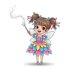 Cartoon illustration of a happy young fairy girl with pigtails, holding a star-tipped magic wand and wearing a colorful flower petal dress.