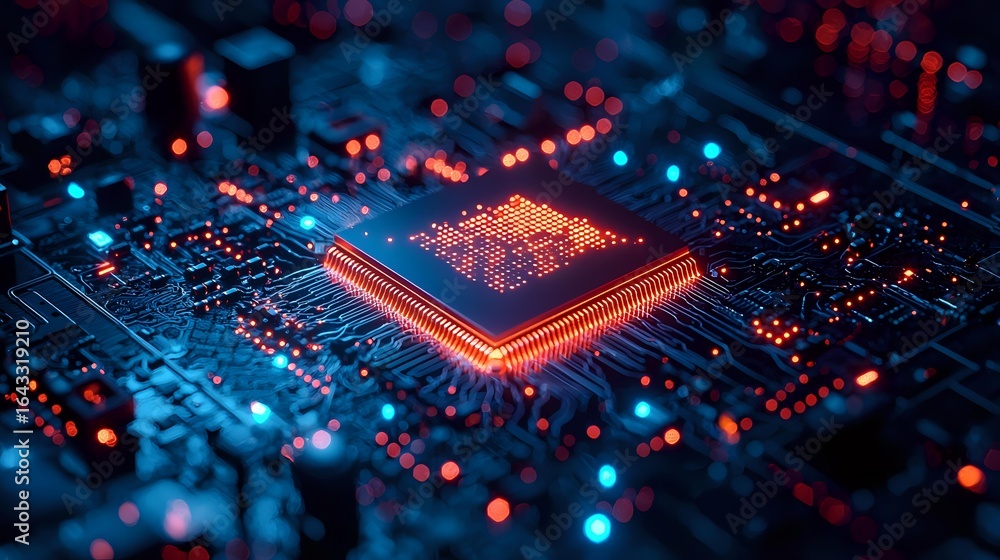 Poster glowing microprocessor on circuit board with orange and blue lights creating futuristic technology m