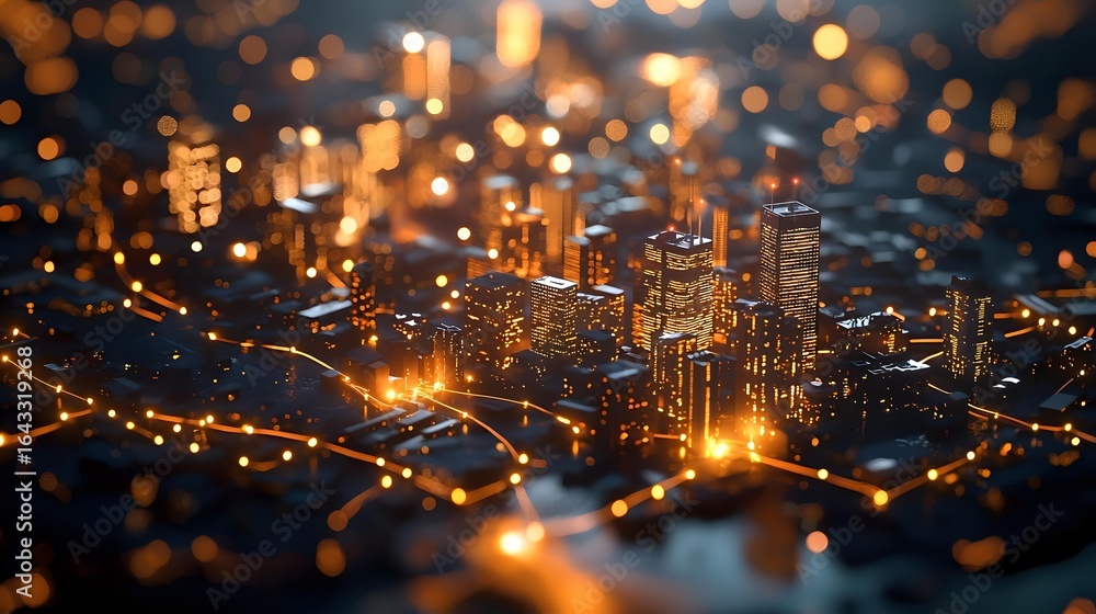 Poster glowing cityscape at night with illuminated skyscrapers and streets creating magical bokeh effect, a