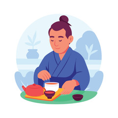 A flat illustration depicts a person in traditional Japanese kimono pouring tea.