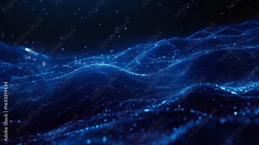 Aufkleber glowing blue digital waves with particles flowing on dark background, abstract technology network vi