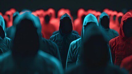 Mysterious hooded figures in crowd illuminated by contrasting red and blue lights creating eerie atmosphere. Dark silhouettes stand motionless in dramatic lighting.