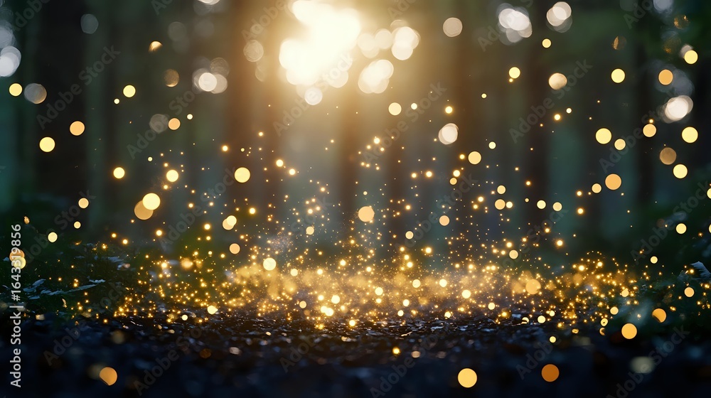 Poster magical golden sparkles and glowing particles rising from dark surface with bokeh light effect in my