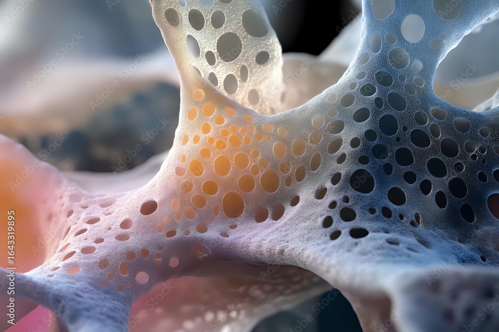 Poster macro view of porous bone structure showing intricate honeycomb pattern in pink and blue tones, high